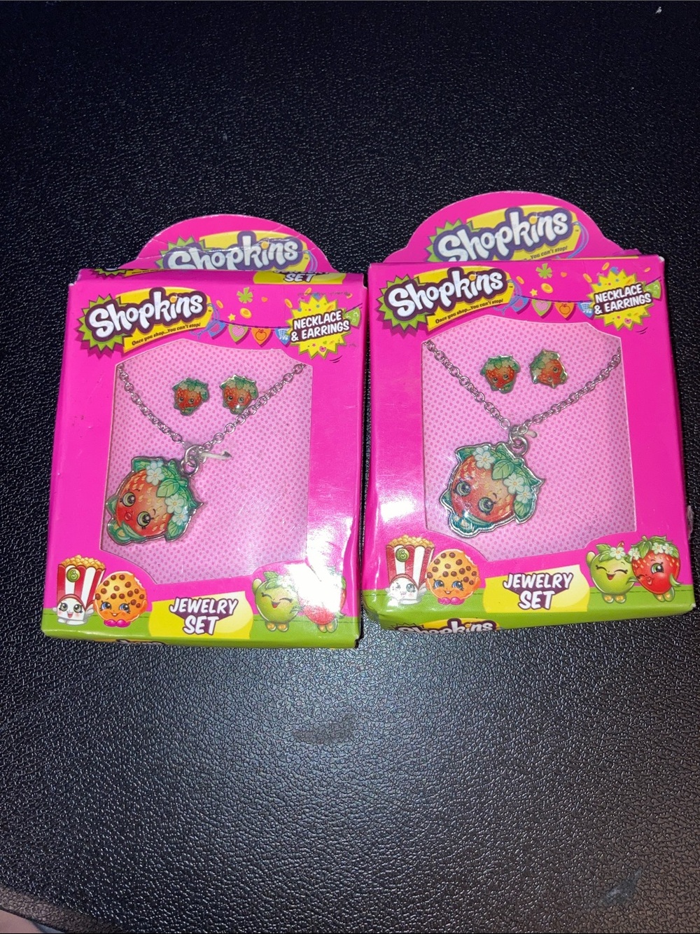 Shopkins Strawberry Jewelry Set - Bright Pink necklace and earrings lot of 2